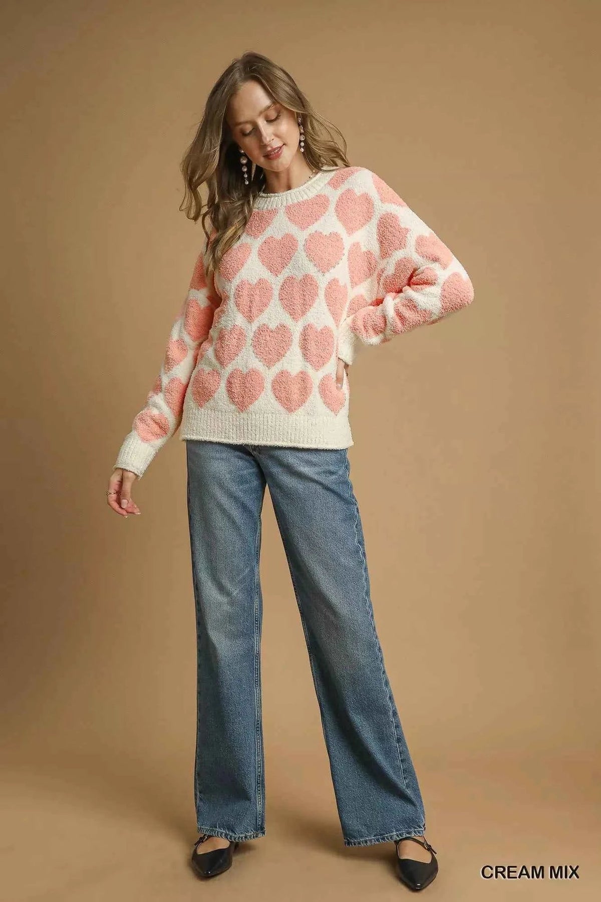 Mix Heart Pattern Pearl Accent Sweater