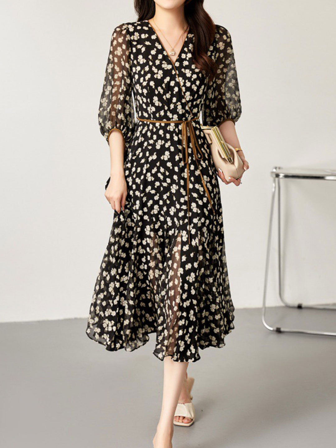 Floral Print Wrap V-Neck Puff Sleeve Tie Waist Dress - View 12