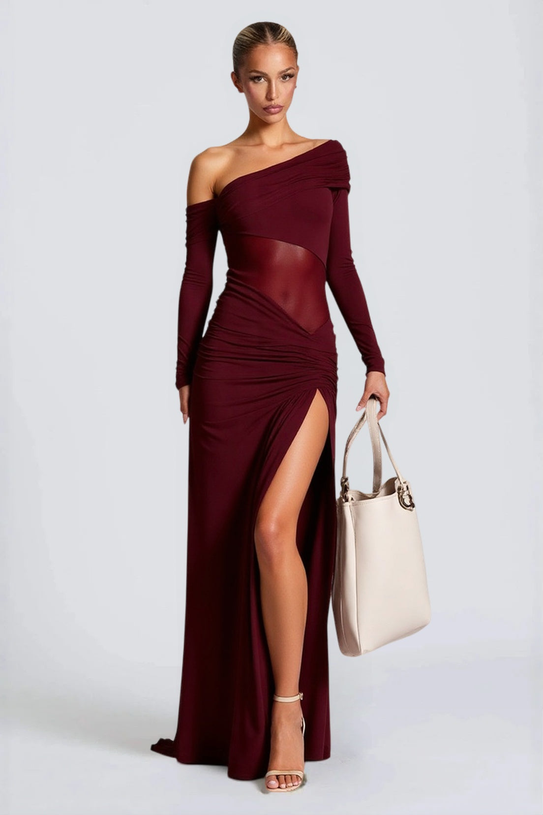 Off Shoulder Long Sleeve Ruched Sheer Bodycon Maxi Dress - View 3