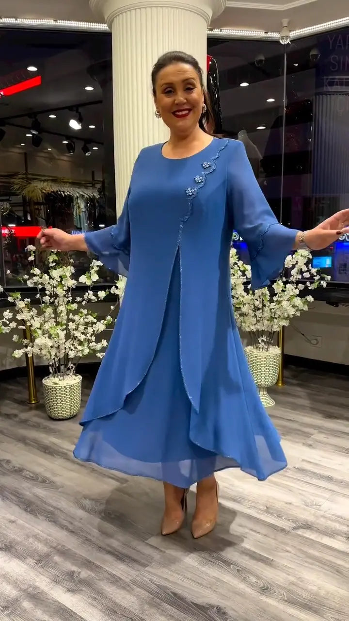 Crew Neck Three Quarter Sleeve Floral Applique A-Line Midi Dress - View 7