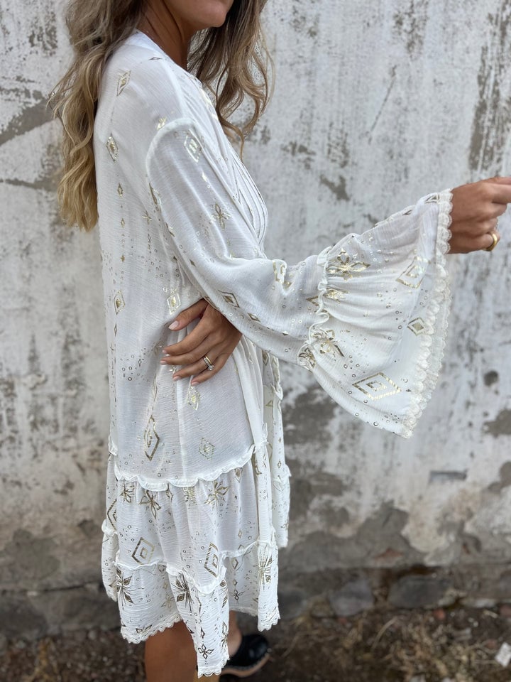 V-Neck Mandarin Collar Button Front Tiered Ruffle Lace Trim Mini Dress - View 8