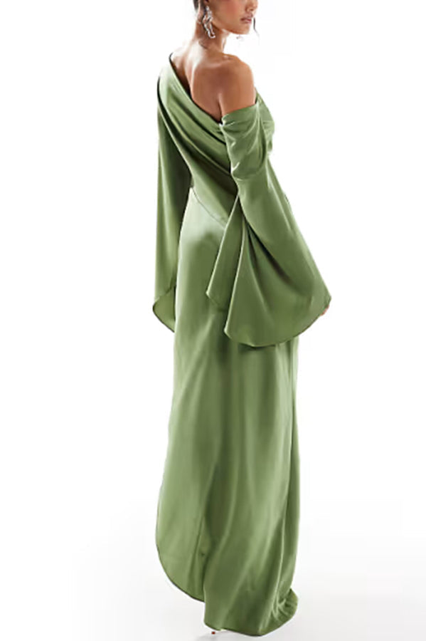 Zayla Satin Asymmetrical One Shoulder Bell Sleeve Slit Maxi Dress - View 6