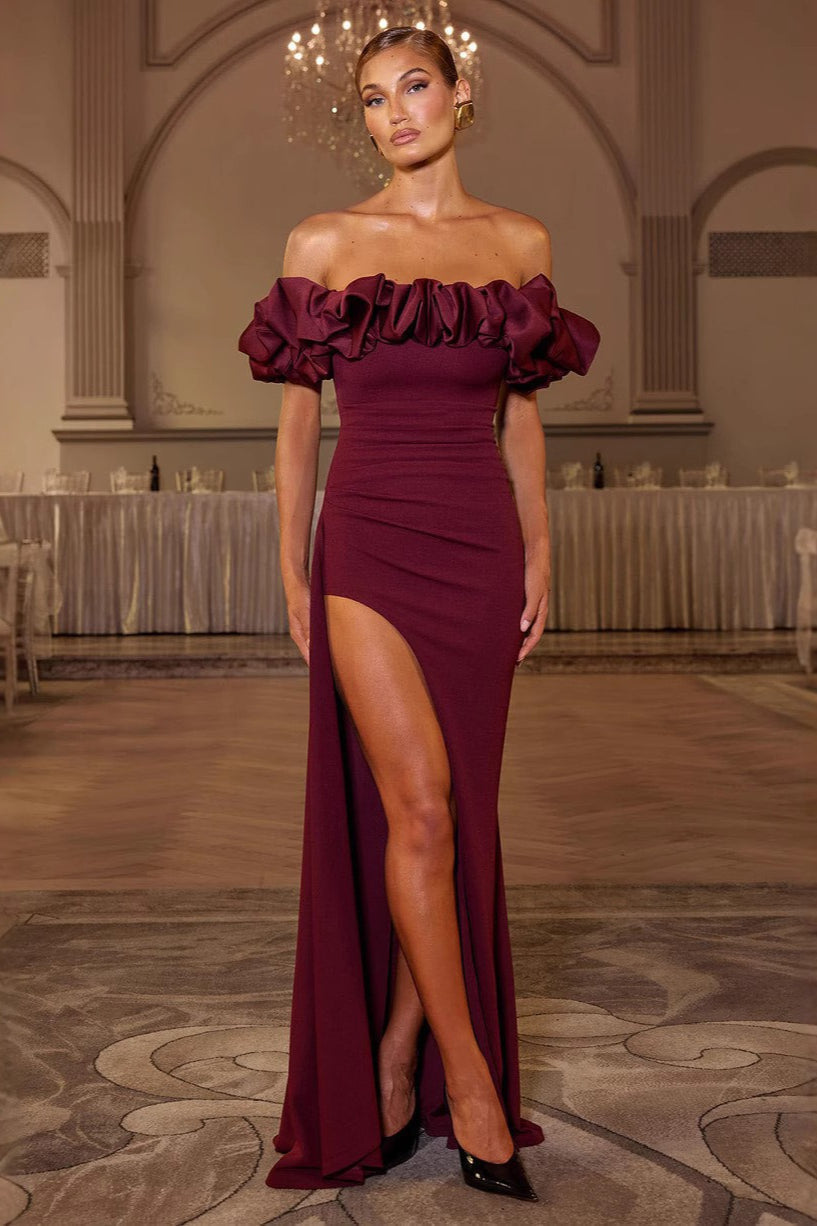 Off Shoulder Ruffle Ruched High Split Mermaid Gown