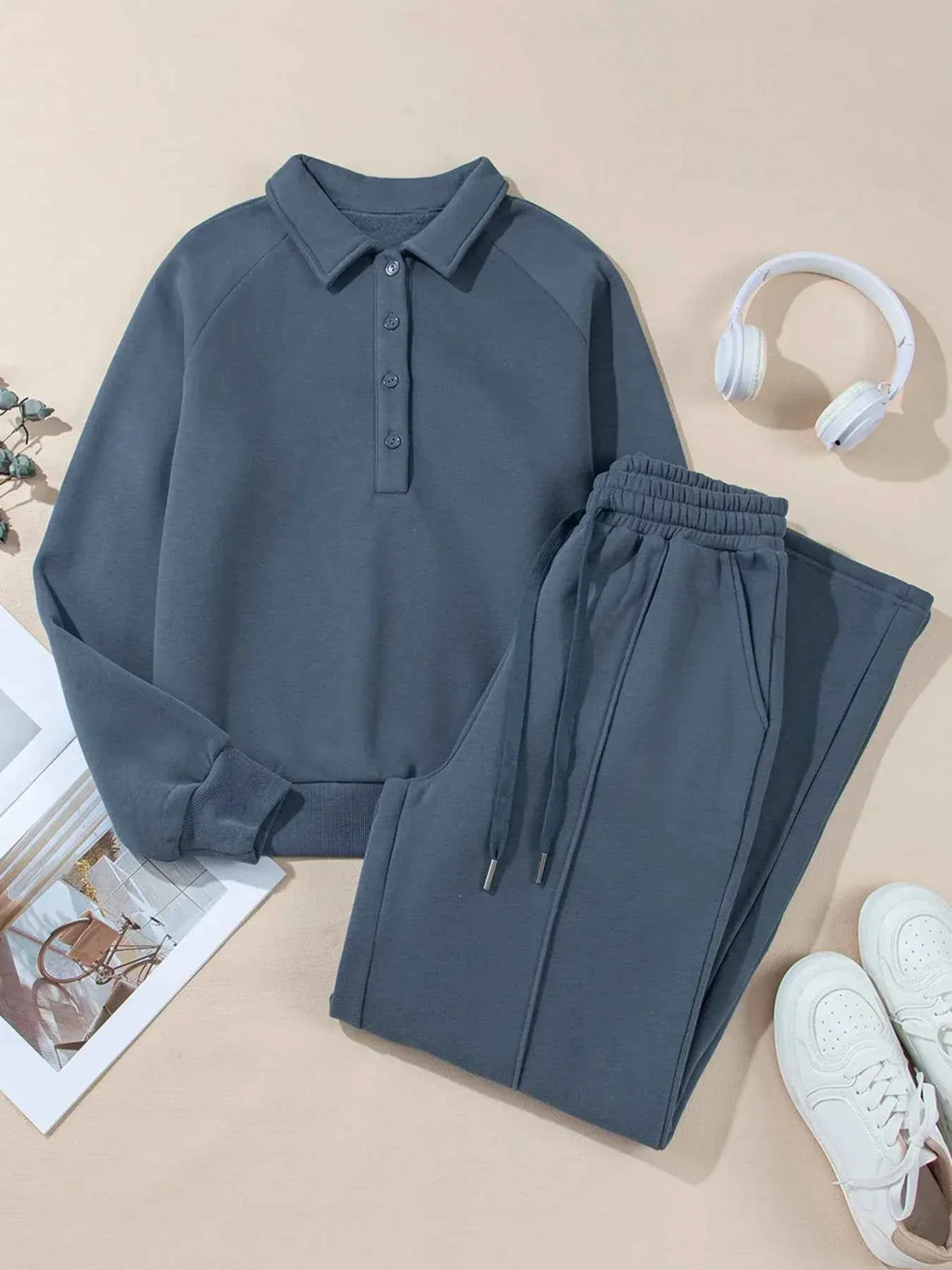 Collared Sweatshirt and High Waist Pants Active Set