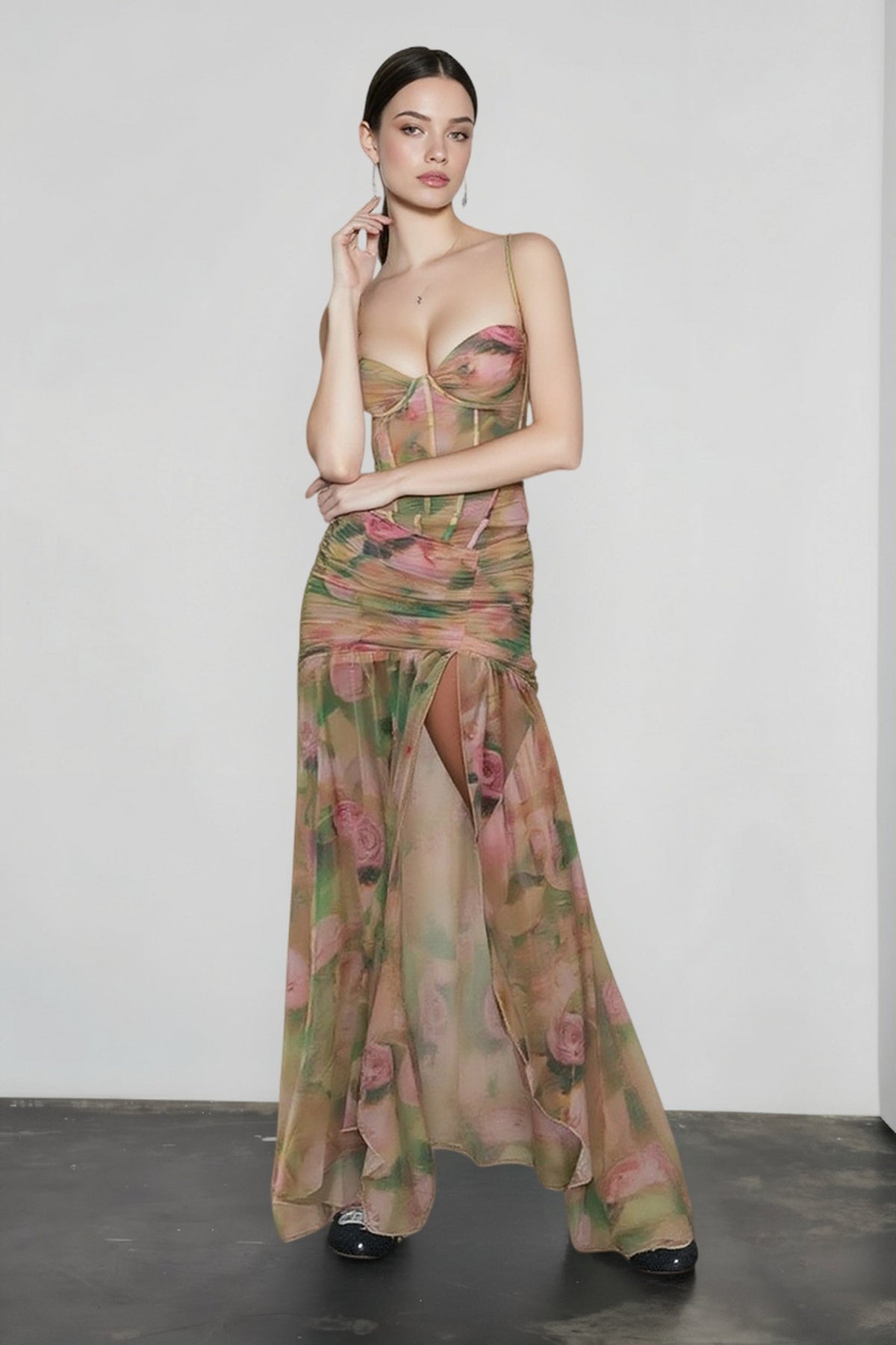 Floral Sweetheart Corset Ruched High Split Mesh Maxi Dress 2