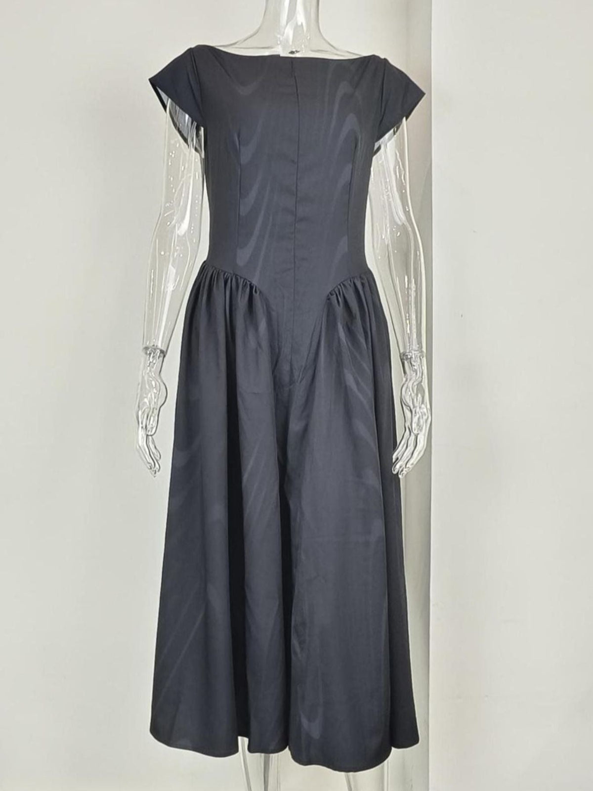 Satin Boat Neck Cap Sleeve Fit and Flare Midi Dress 11