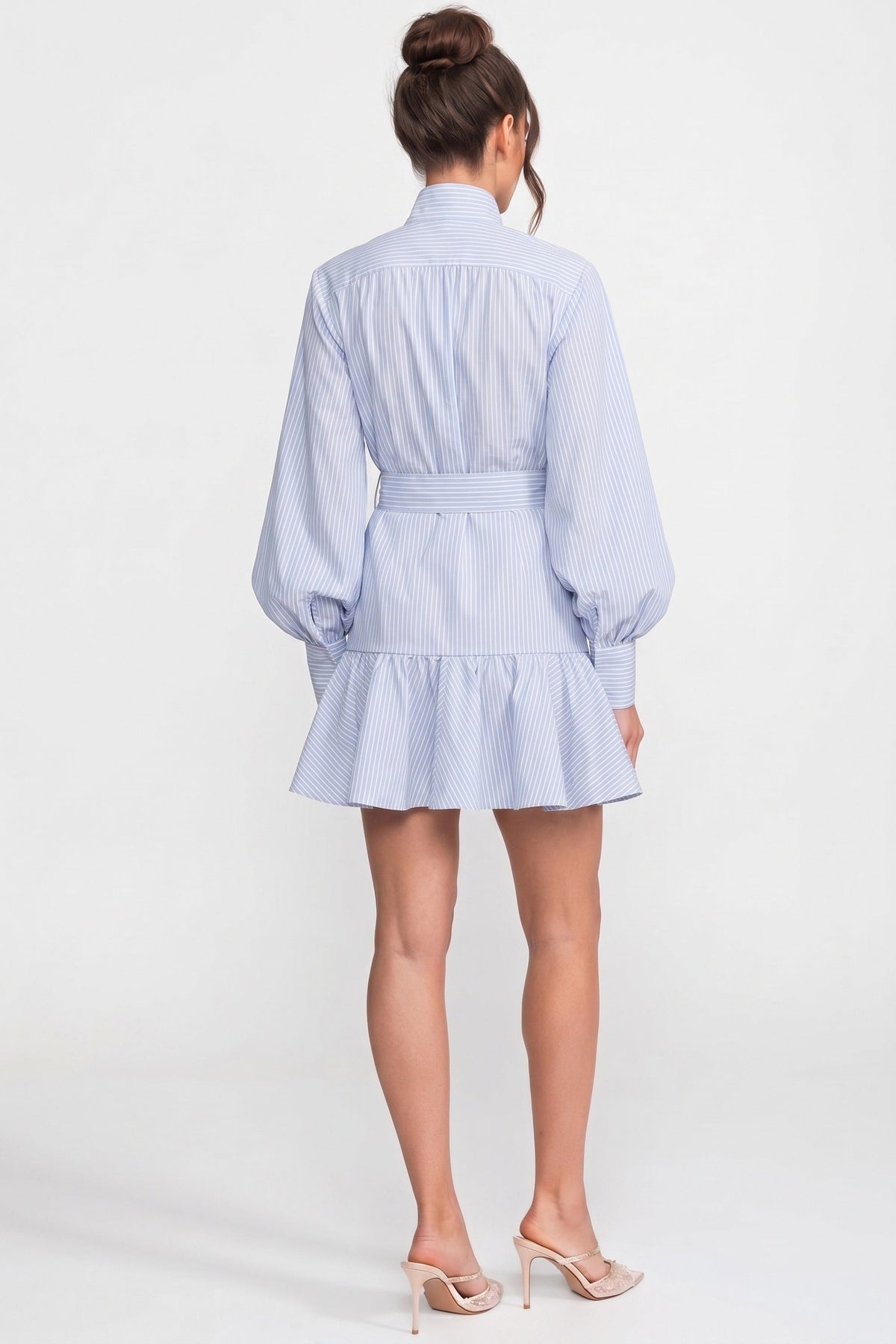 Striped High Neck Balloon Sleeve Belted Tiered Ruffle Mini Dress - View 6
