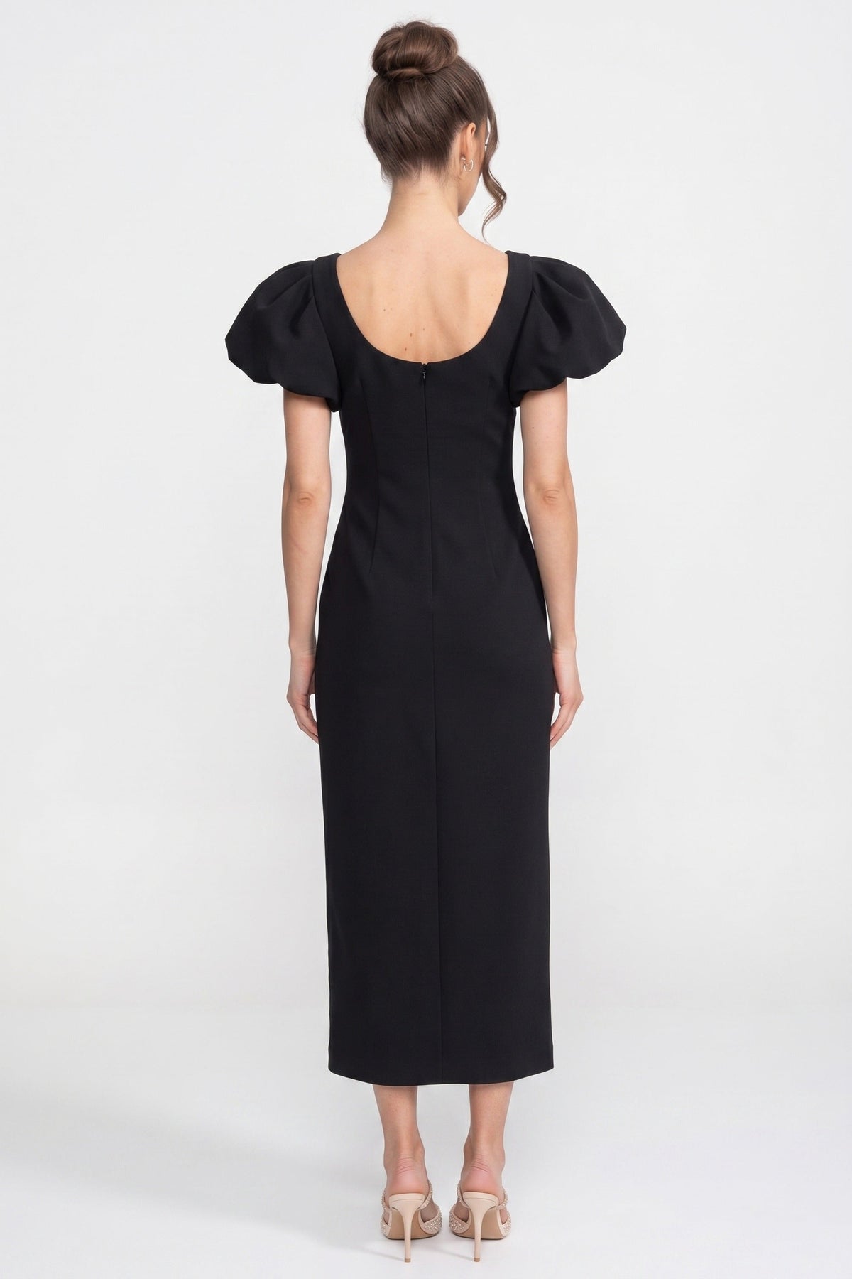 Structured Shoulder Maxi Dress With 3D Iris Floral Appliqué - Black - View 6