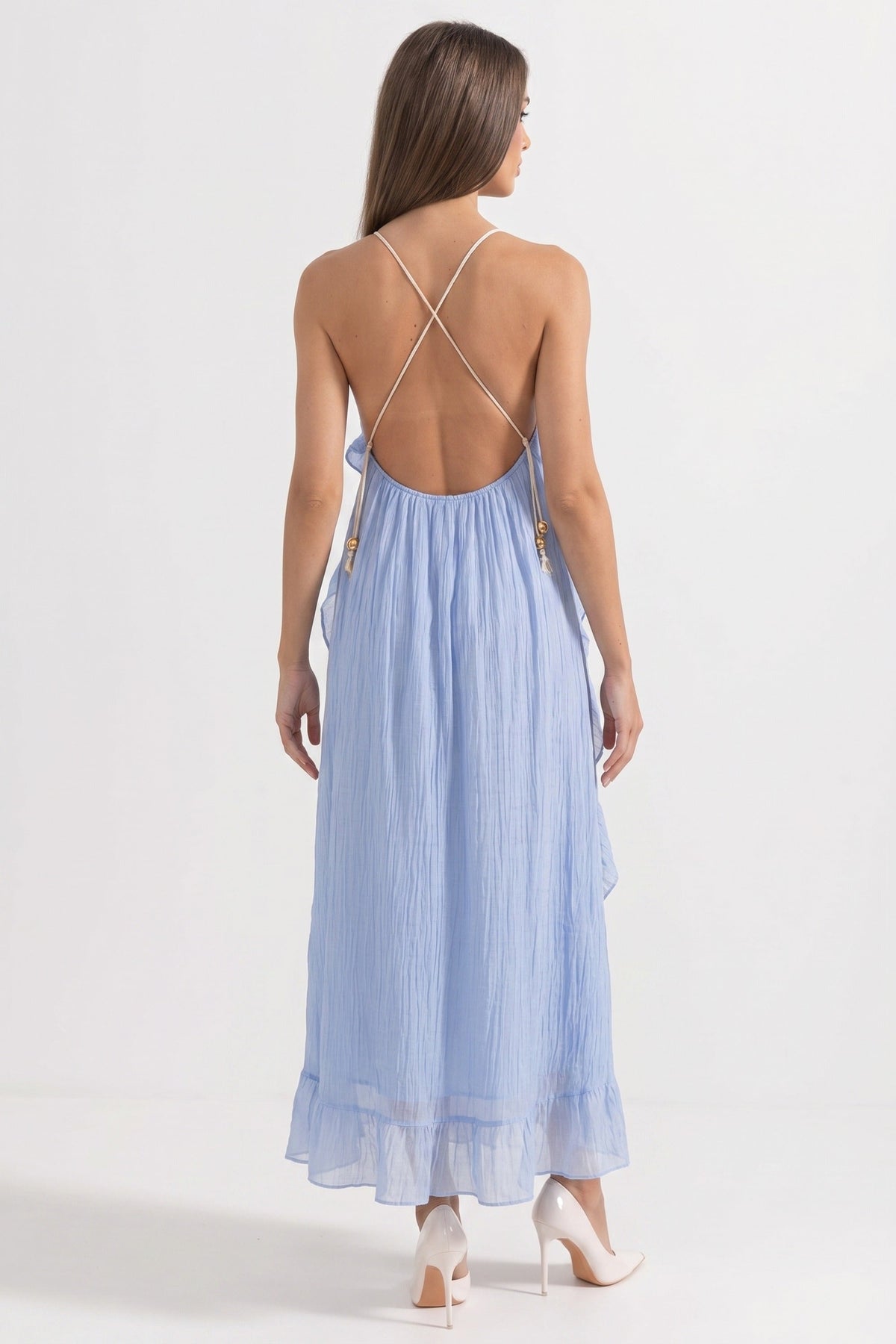 Deep V-Neck Ruffle Maxi Dress With Cascading Asymmetric Tiers - Blue - View 8