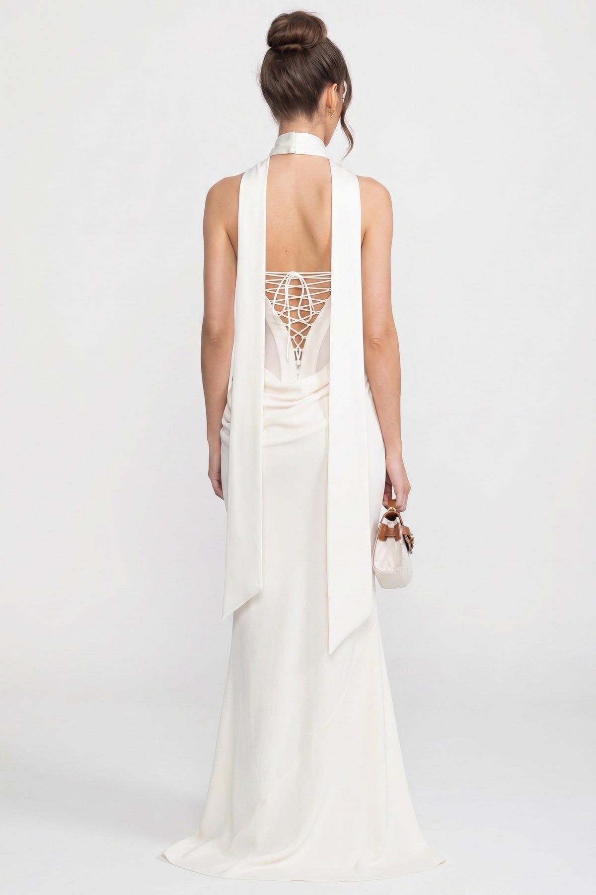 Strapless Draped Maxi Gown With Cowl Neckline And Sheer Scarf - White - View 5