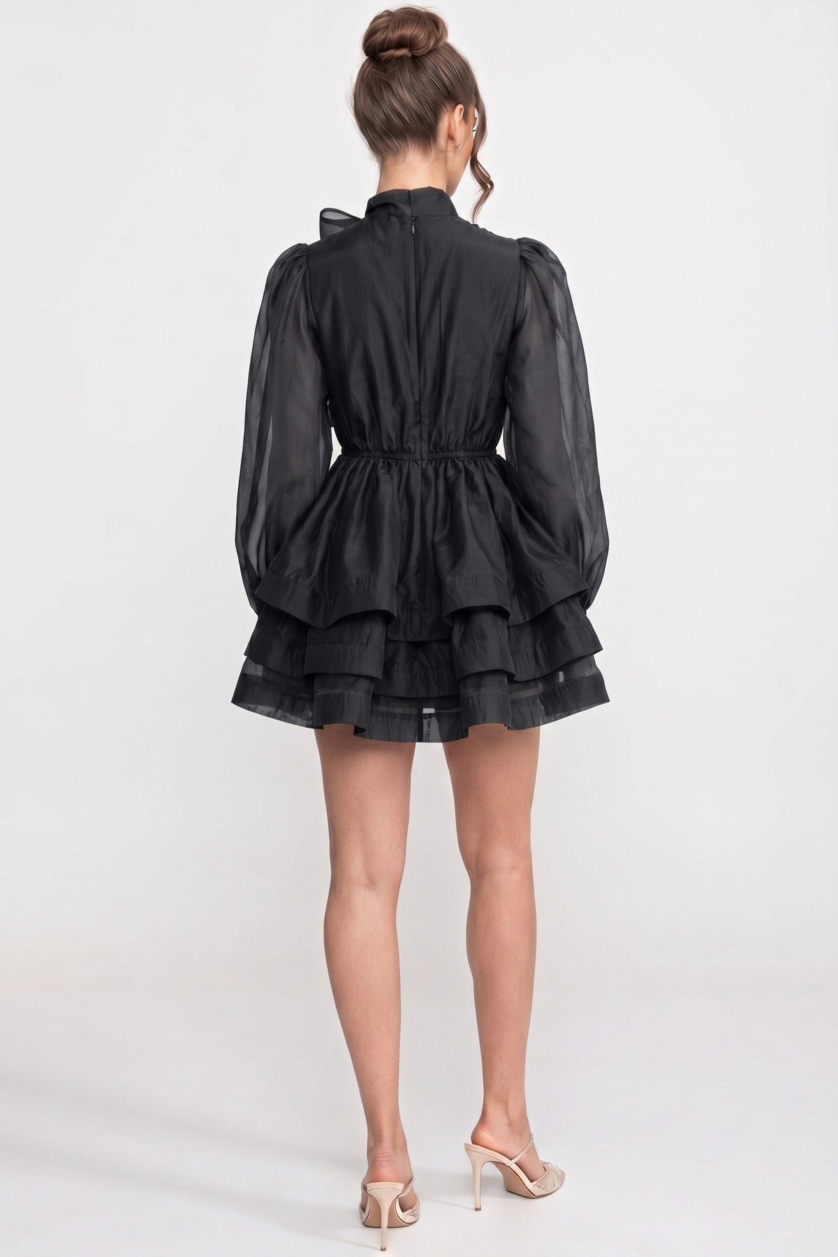 High-Neck Puff-Sleeve Mini Dress - Black - View 6