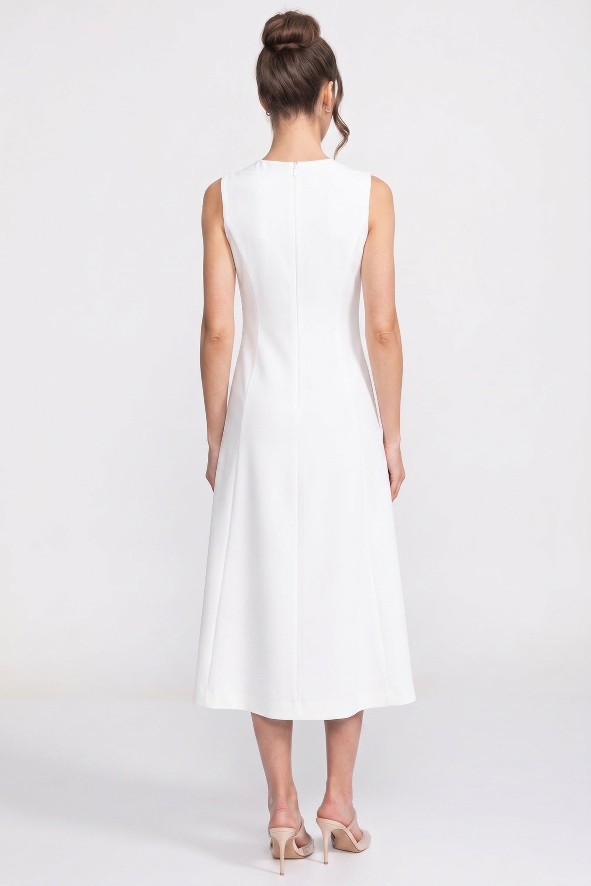 Sleeveless Midi Dress With 3D Floral Appliqué And Full Skirt - White - View 8