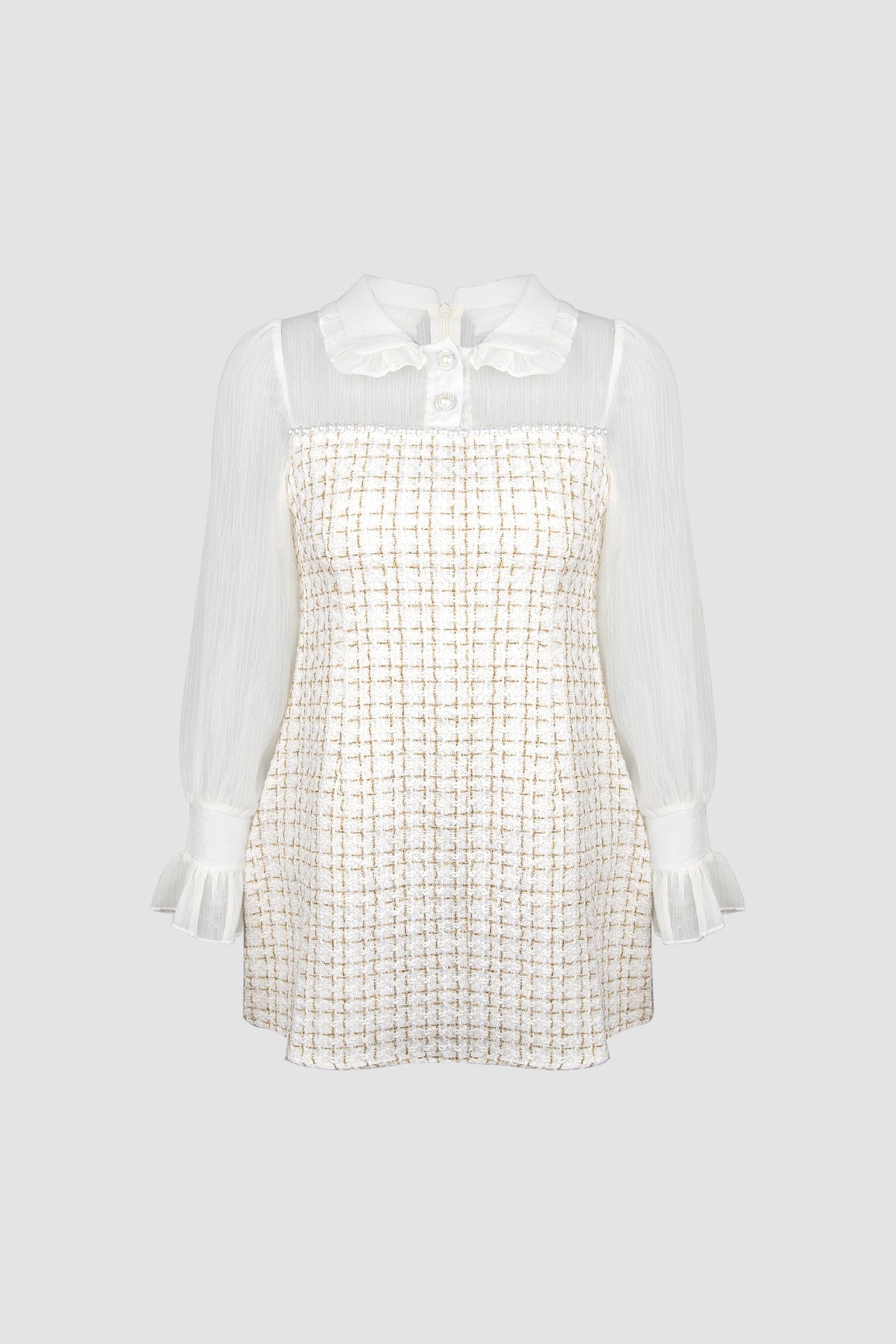 White Mesh Yoke Tweed Mini Dress - View 7