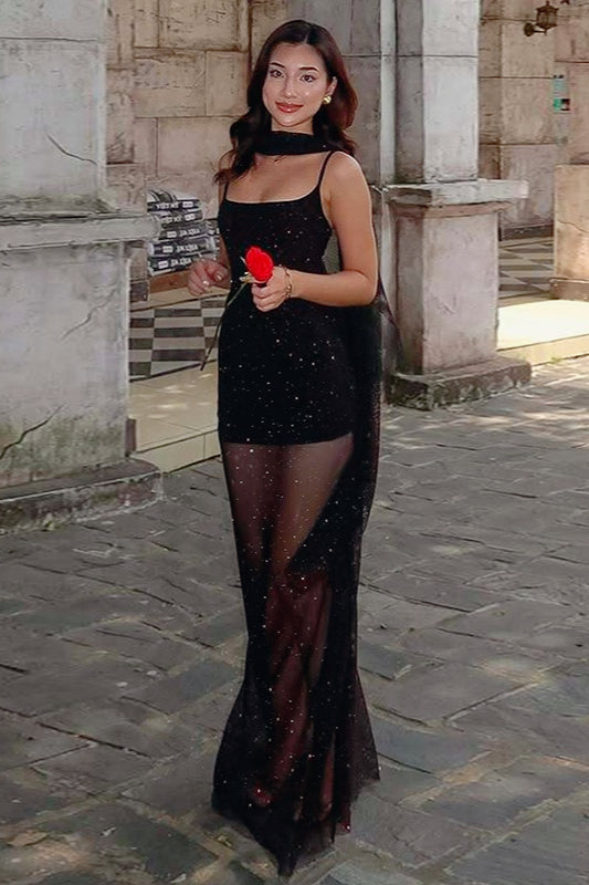 Sequin Spaghetti Strap Scoop Neck High Split Slip Maxi Dress - View 2