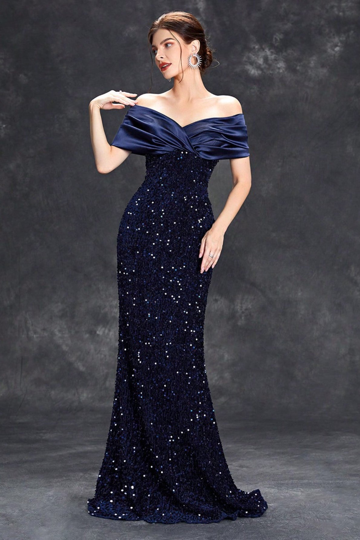 Sequin Off Shoulder Satin Twist Mermaid Maxi Gown