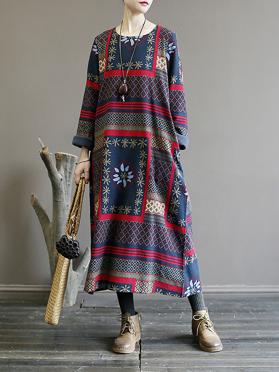 Folk Patchwork Print Long Sleeve Contrast Cuff Crew Neck Maxi Dress - View 2