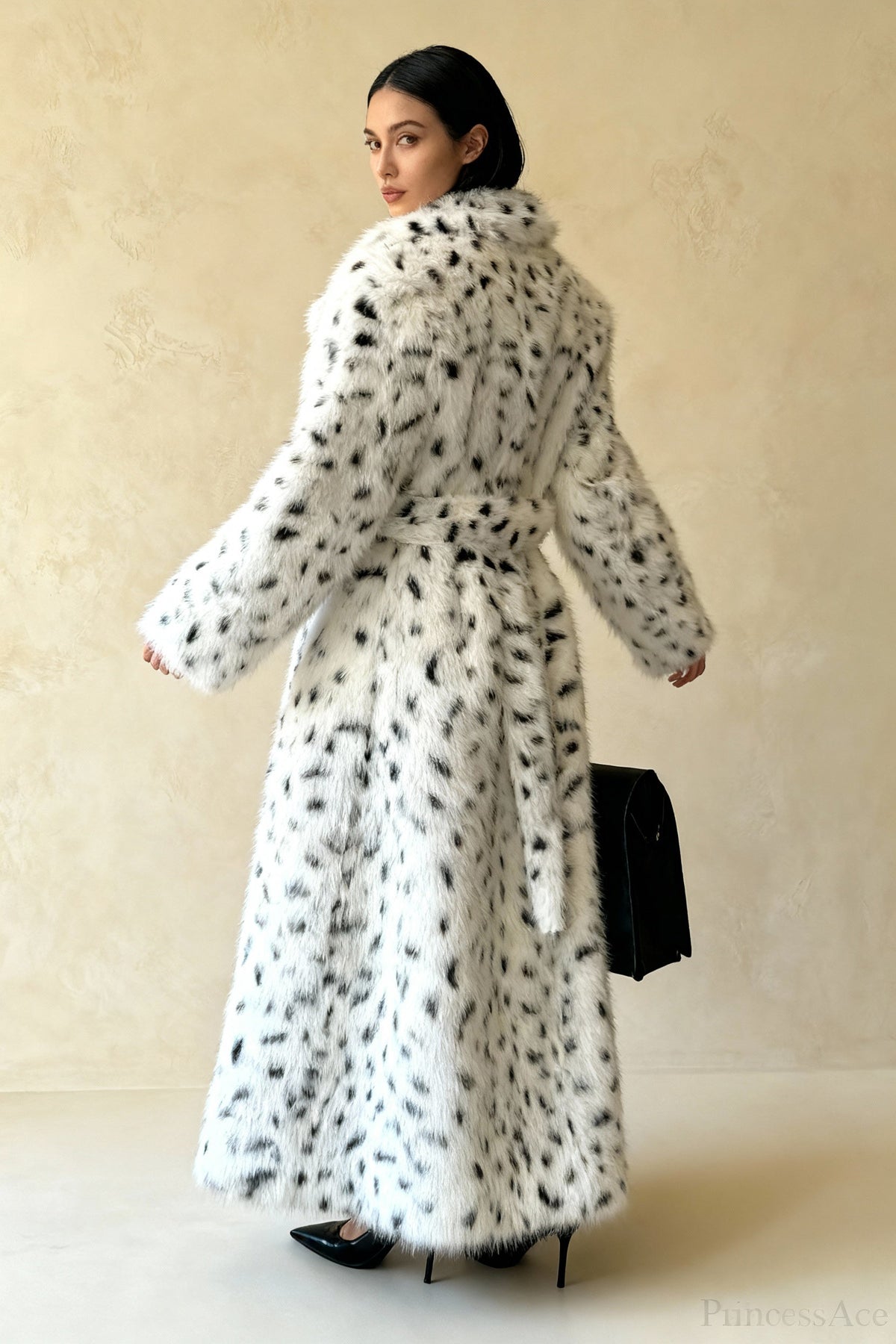 Leopard Print Warm Faux Fox Fur Notched Collar Loose