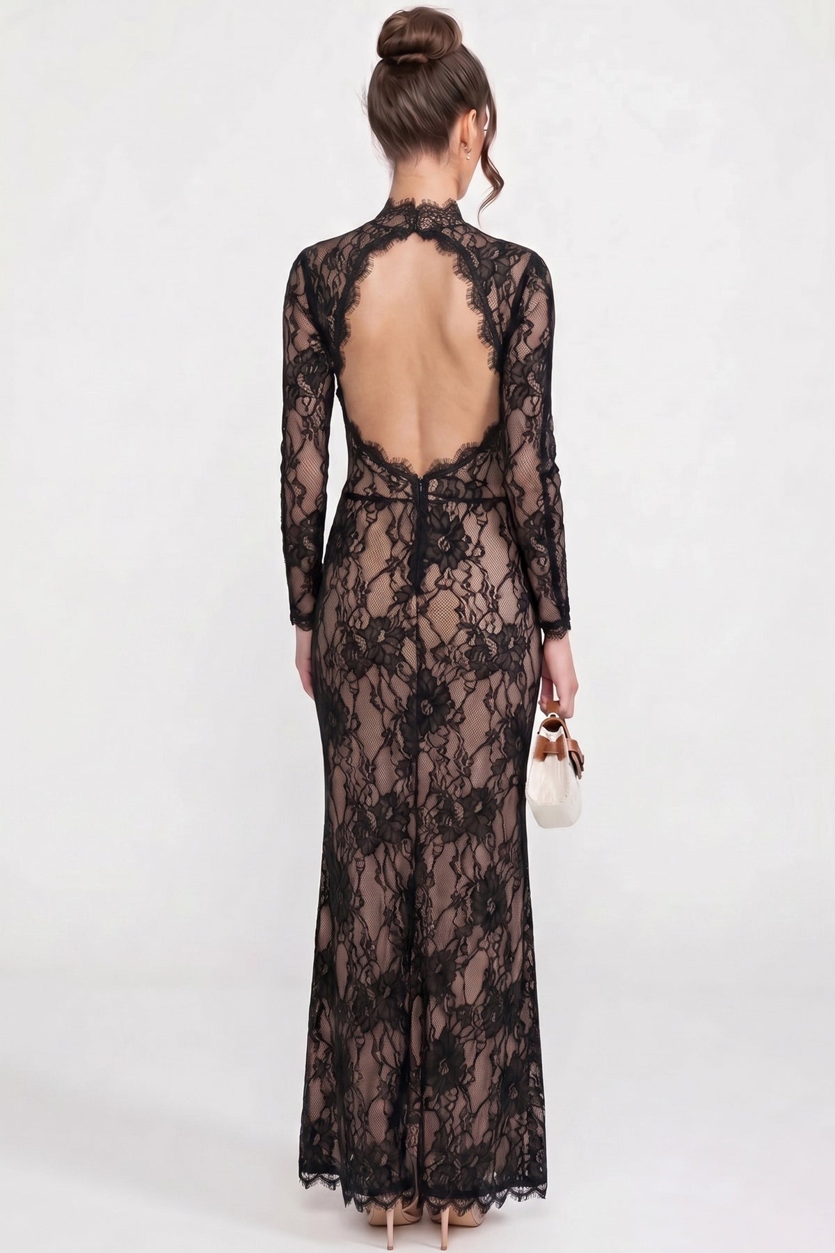 Lace High Neck Cut Out Long Sleeve High Split Maxi Gown - View 6