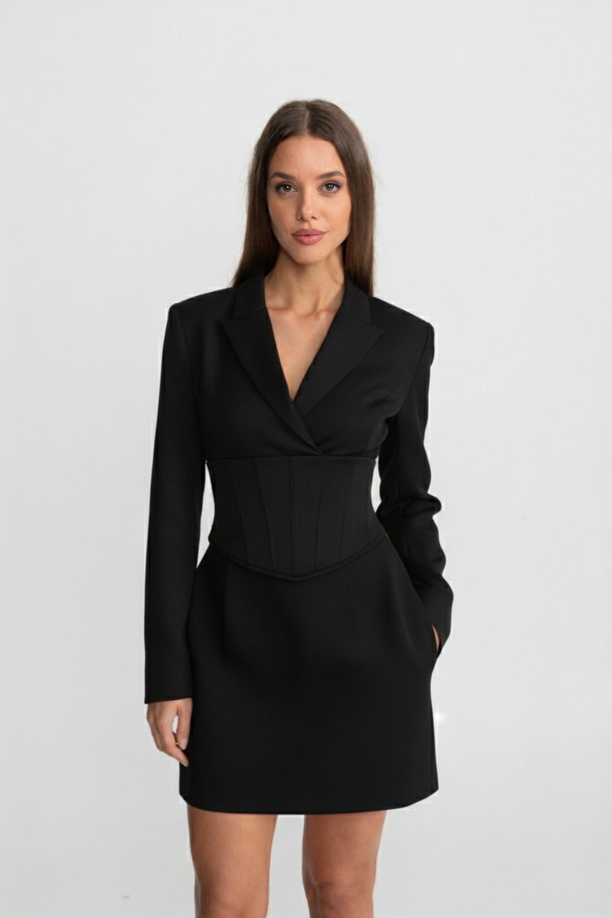 Structured Mini Blazer Dress With Corset Waist – Black