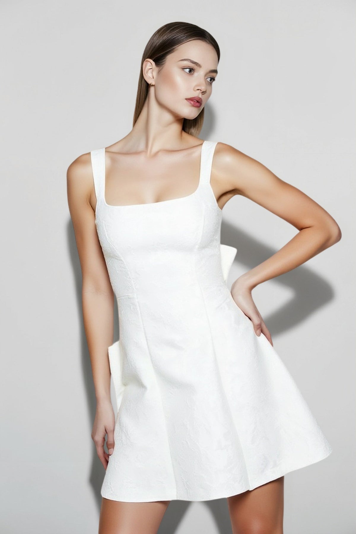 Square Neck Sleeveless Bow Back Fit and Flare Mini Dress