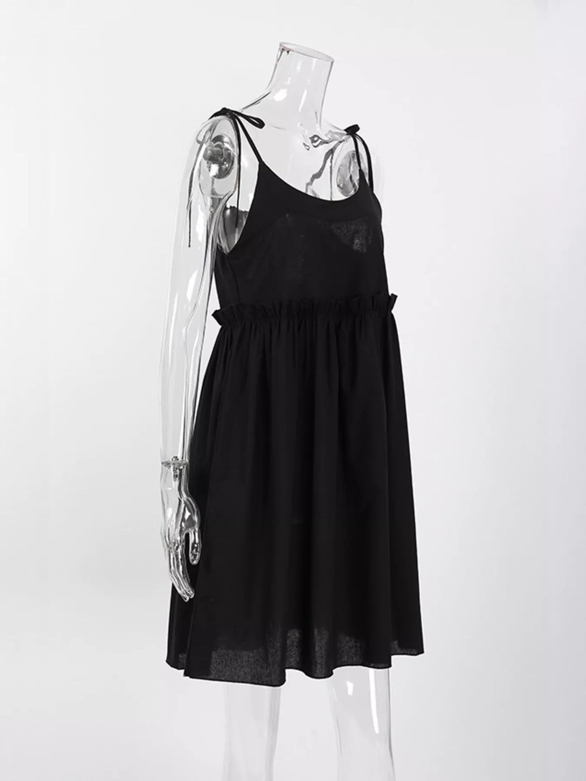 Tie Strap Scoop Neck Ruffle Waist Linen Look Mini Dress 23