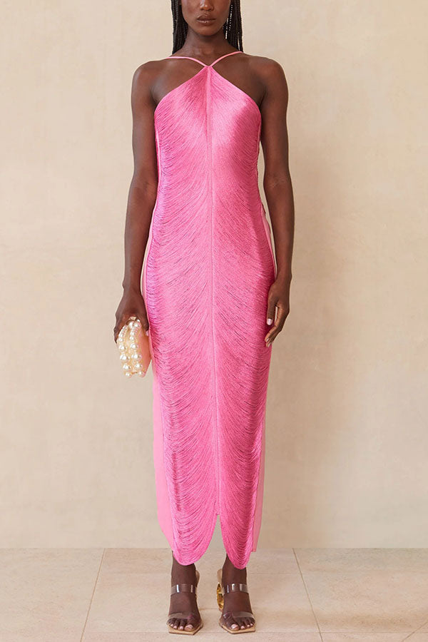 Sexy Allnight Metallic Halterneck Backless Fringed Slit Maxi Dress - View 20