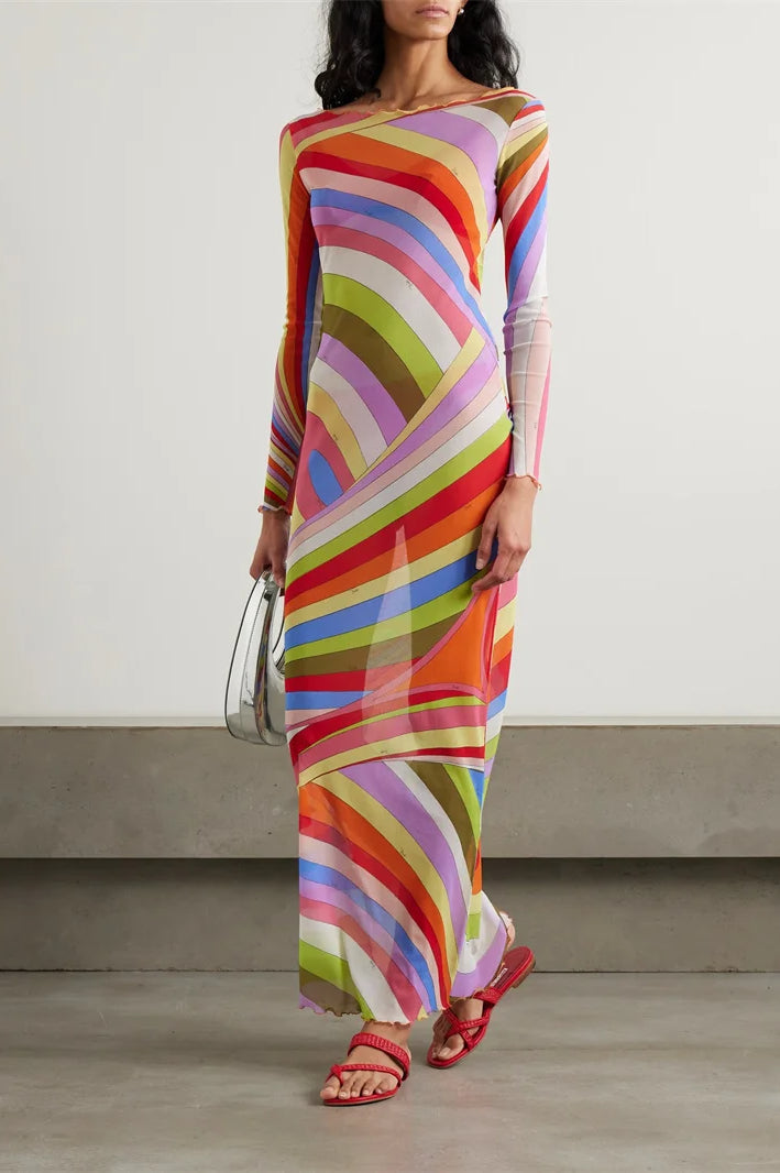 Striped Print Mesh See Through Patchwork Maxi Dress - View 3