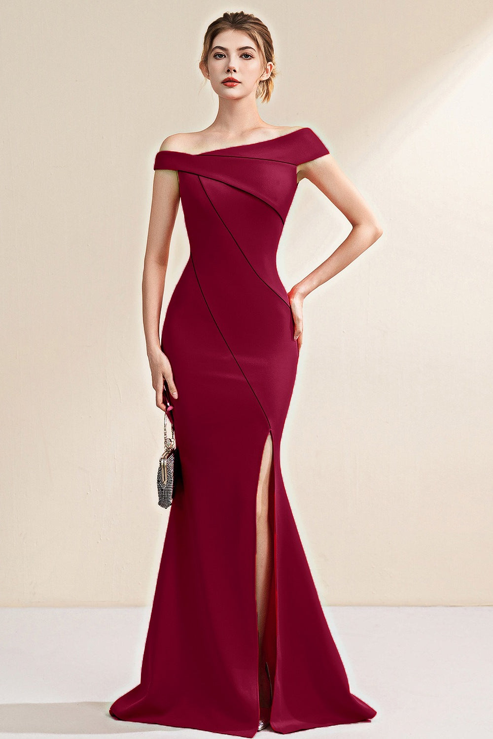 Off Shoulder Wrap High Split Mermaid Gown - View 5