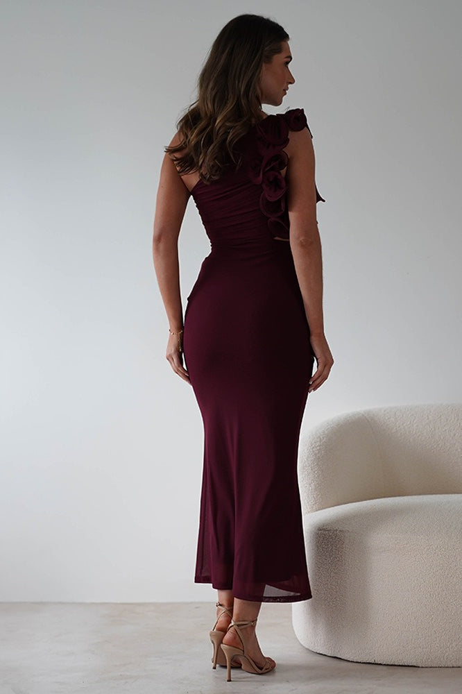 One Shoulder 3D Floral Cut Out Ruched Bodycon Maxi Dress - View 6