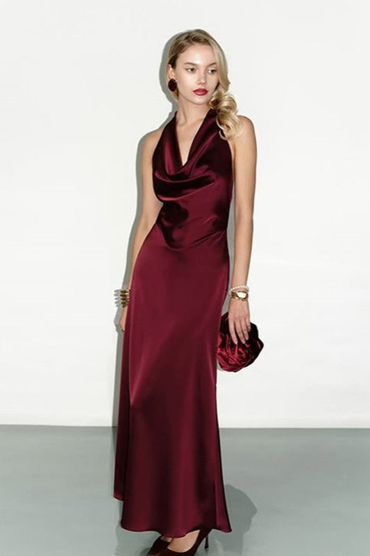 Satin Halter Cowl Neck Backless Bias Cut Maxi Dress - View 2