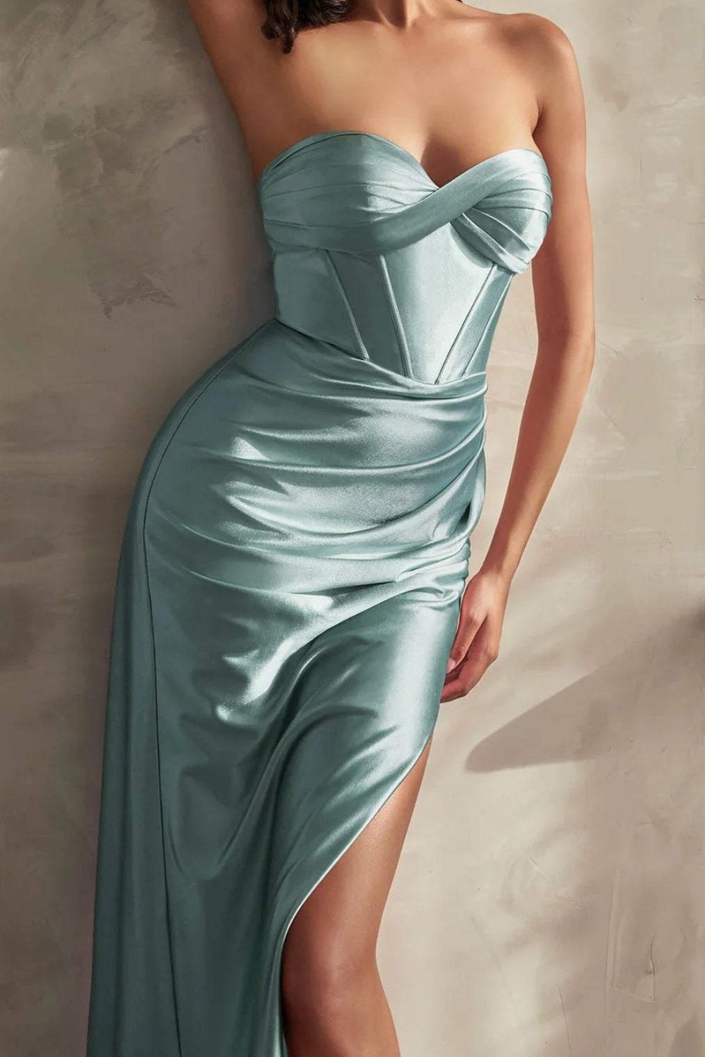 Strapless Sweetheart Ruched High Split Satin Bodycon Gown