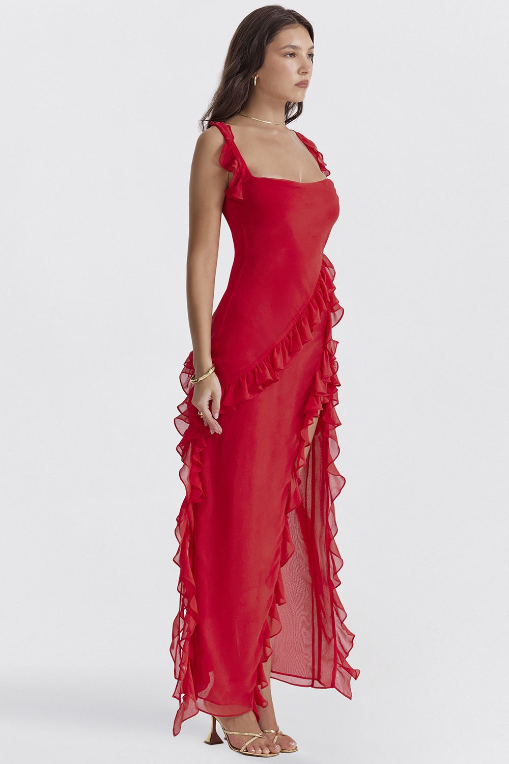Square Neck Ruffle Slit Party Dress - View 2