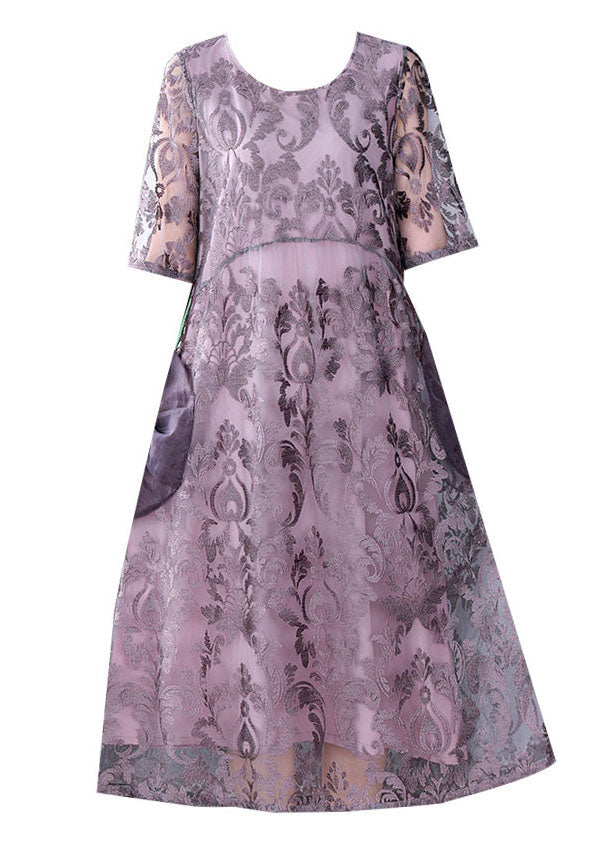 Burnout Damask Floral Mesh Overlay Round Neck Midi Dress - View 5