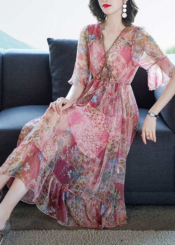 Floral Print Deep V-Neck Flutter Sleeve Drawstring Tiered Midi Dress - View 3