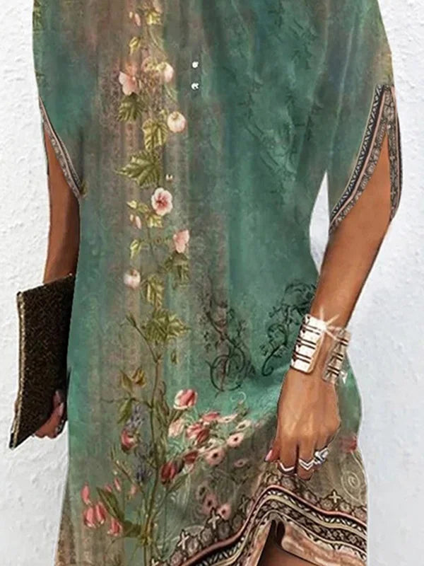 Cap Sleeve Floral Vine Border Print Shift Mini Dress