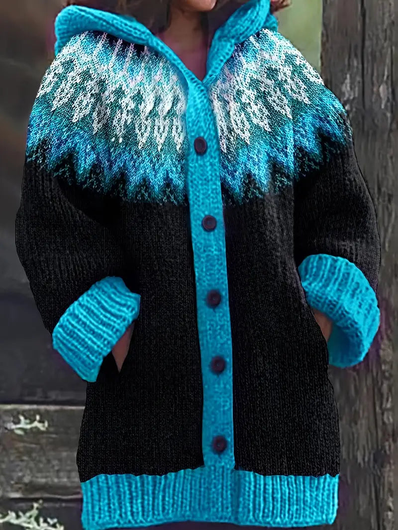 Hooded Button Front Fair Isle Knit Longline Cardigan