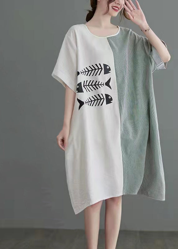 Fish Skeleton Print Color Block Vertical Stripe Dress