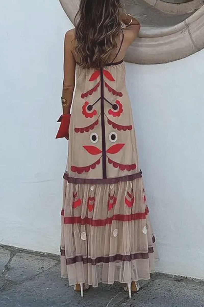 Embroidered Folk Motif Square Neck Spaghetti Strap Maxi Dress - View 2