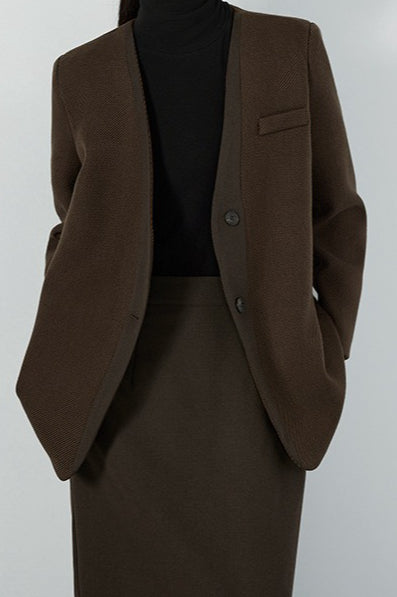 Collarless Button Front Long Sleeve Blazer