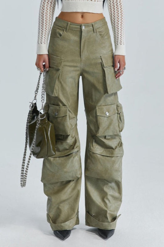 Multi Pocket PU Paneled Loose Wide Leg Cargo Pants