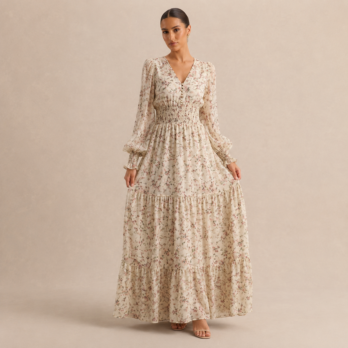 Floral V-Neck Long Sleeve Shirred Tiered Maxi Dress