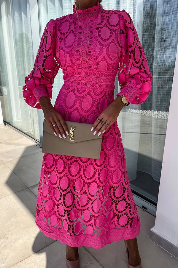 Guipure Lace Oval Cutout Mock Neck A-Line Midi Dress