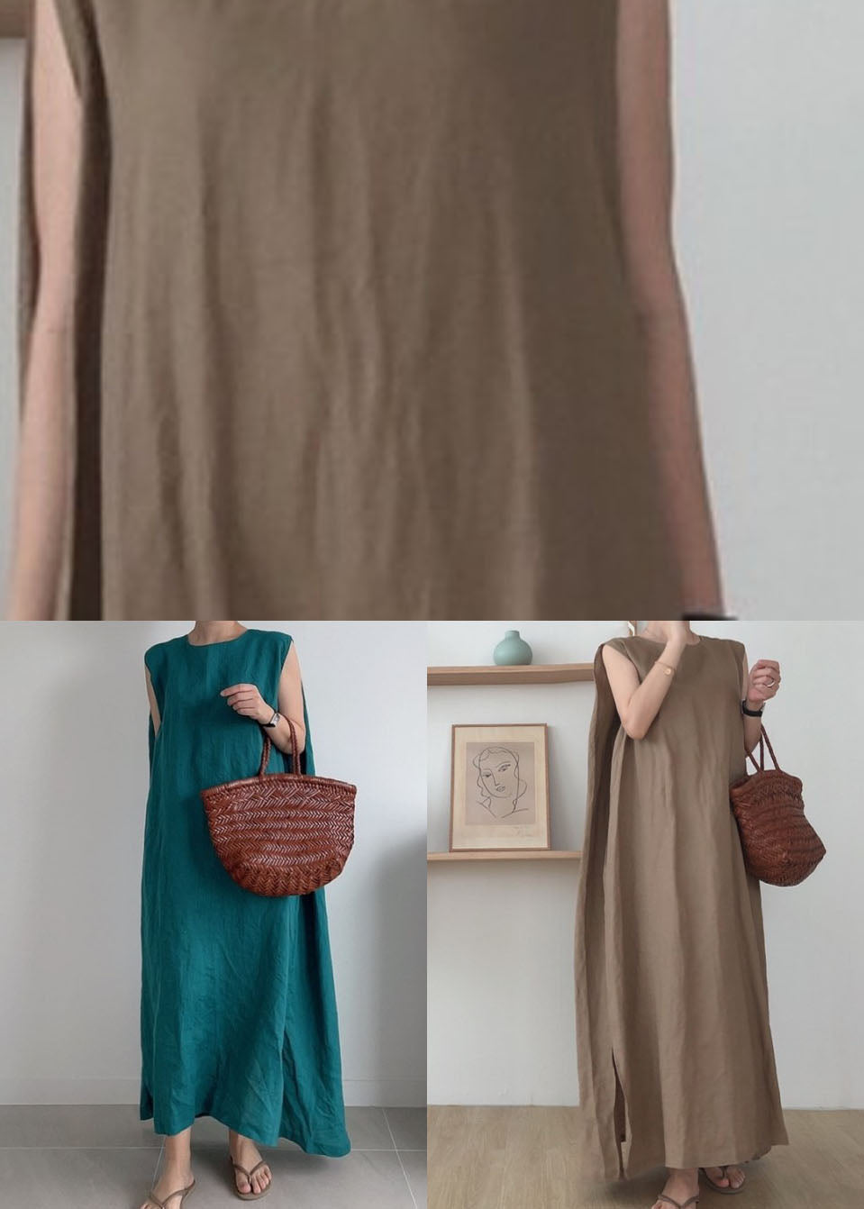 Round Neck Sleeveless Side Slit Oversized Linen Blend Maxi Dress - View 5