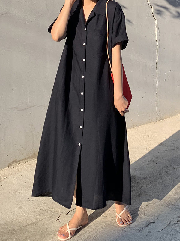 Notched Collar Button Front Patch Pocket Rolled Maxi Shirt Dress
