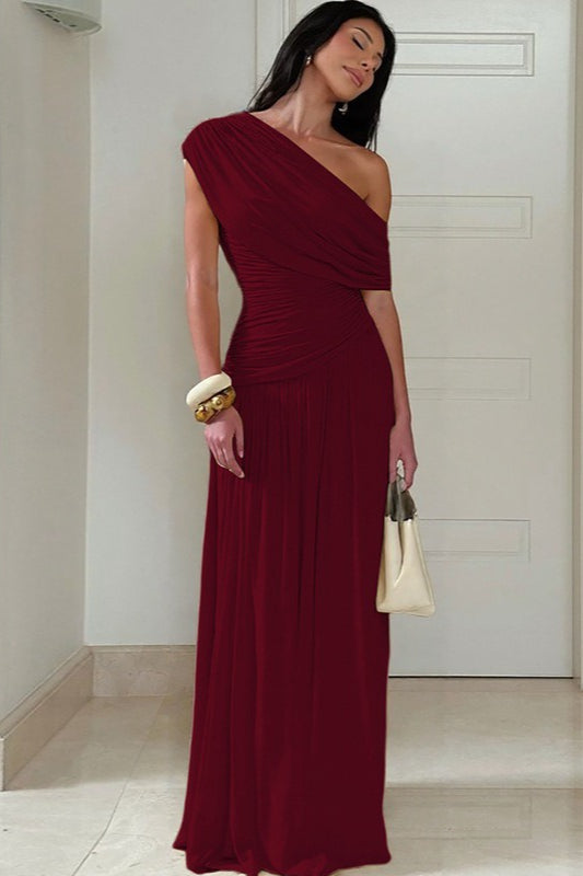 One Shoulder Ruched Draped Flowy Maxi Dress - View 5