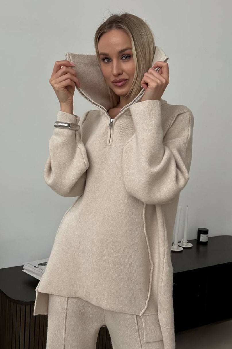Turtleneck Half Zip Solid Pants Two Piece Set