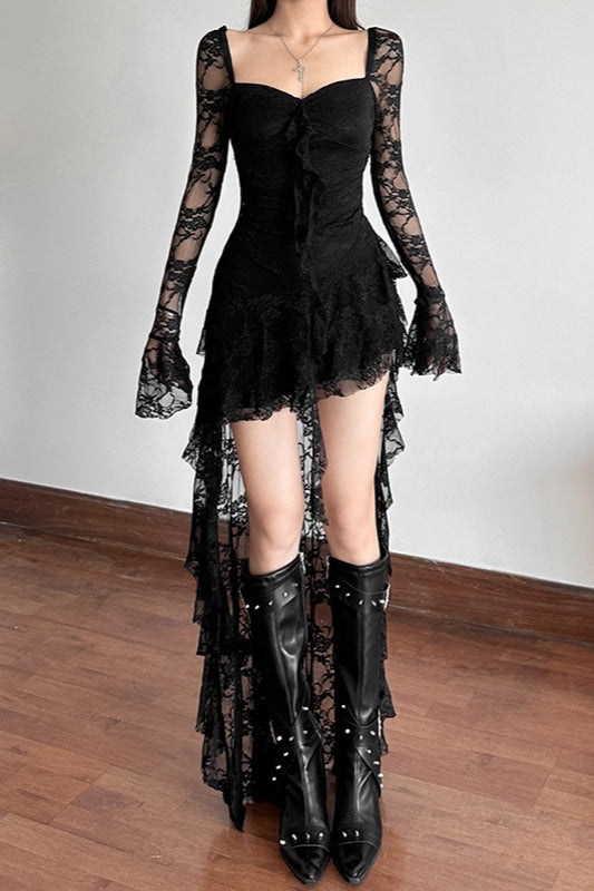 Long Sleeve Irregular Hem Lace Dress - View 5