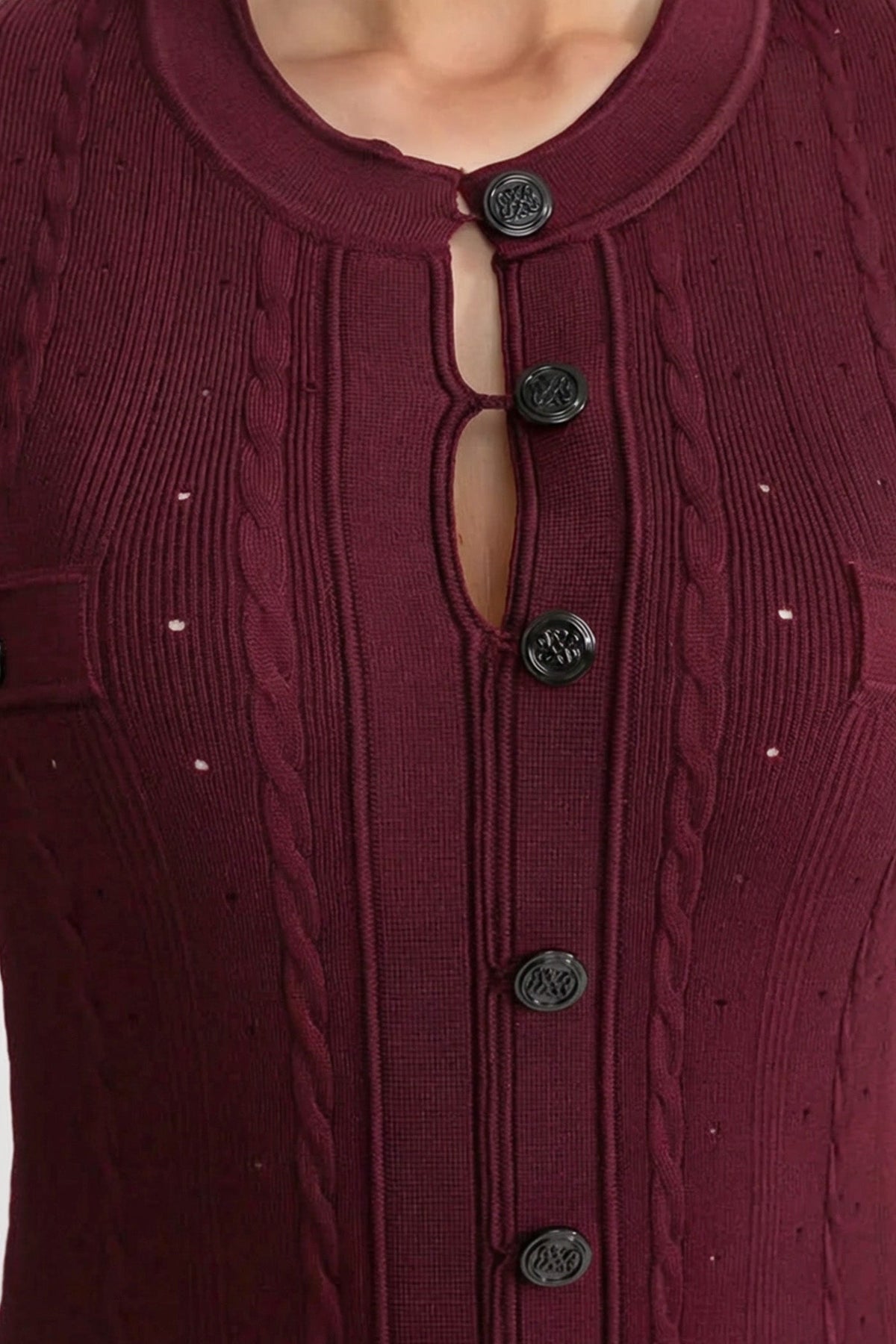 Knit Button-Front Midi Dress with Pointelle Detailing – Burgundy - View 4