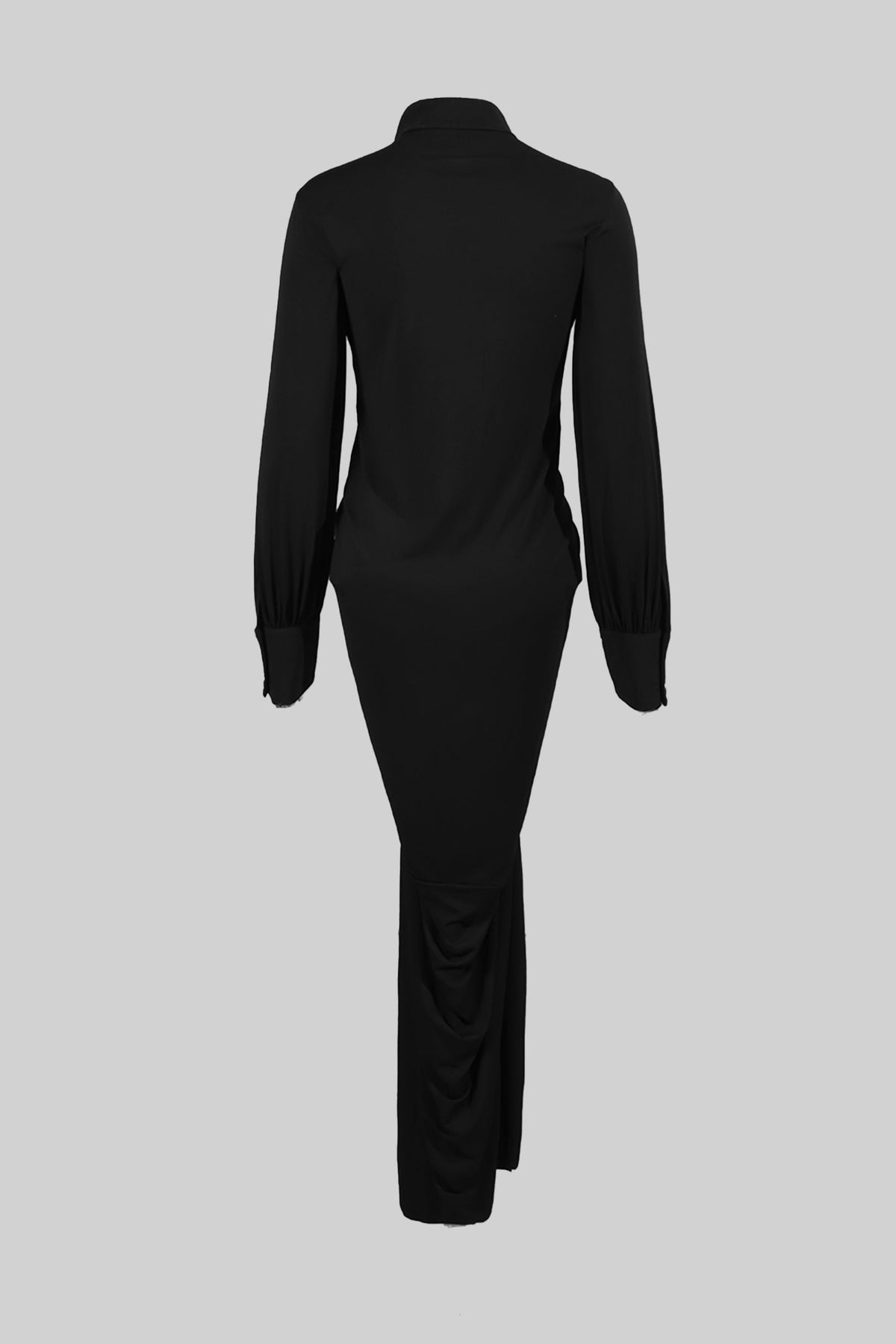 Ruched Maxi Gown Long Sleeve Mandarin Collar Metallic Button - View 11
