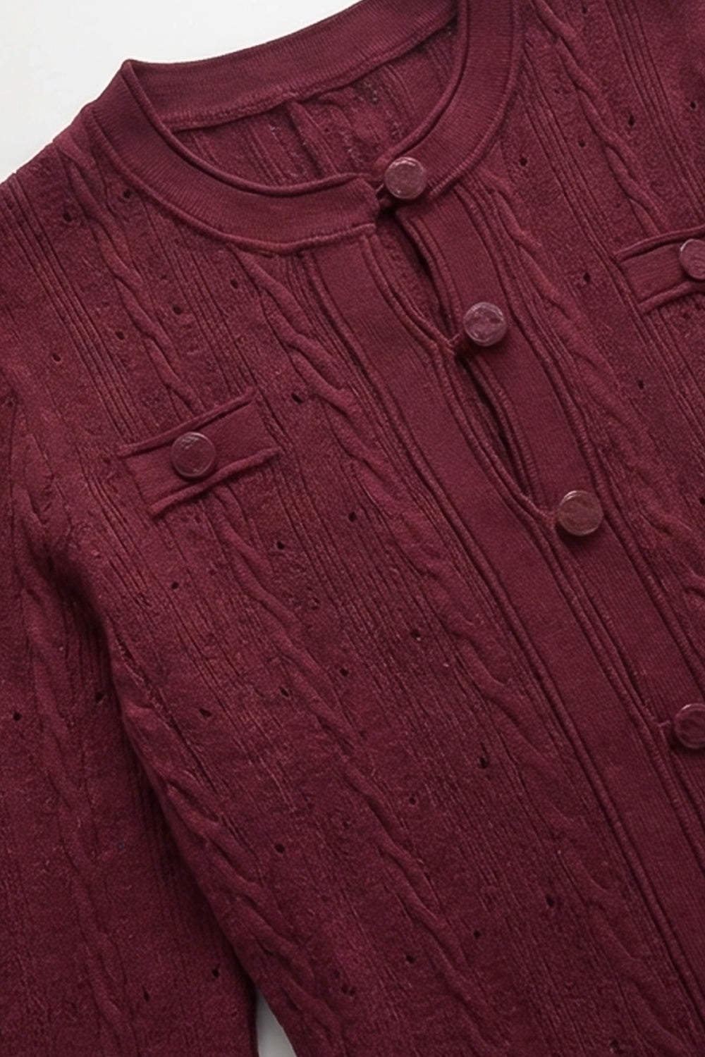 Knit Button-Front Midi Dress with Pointelle Detailing – Burgundy - View 6